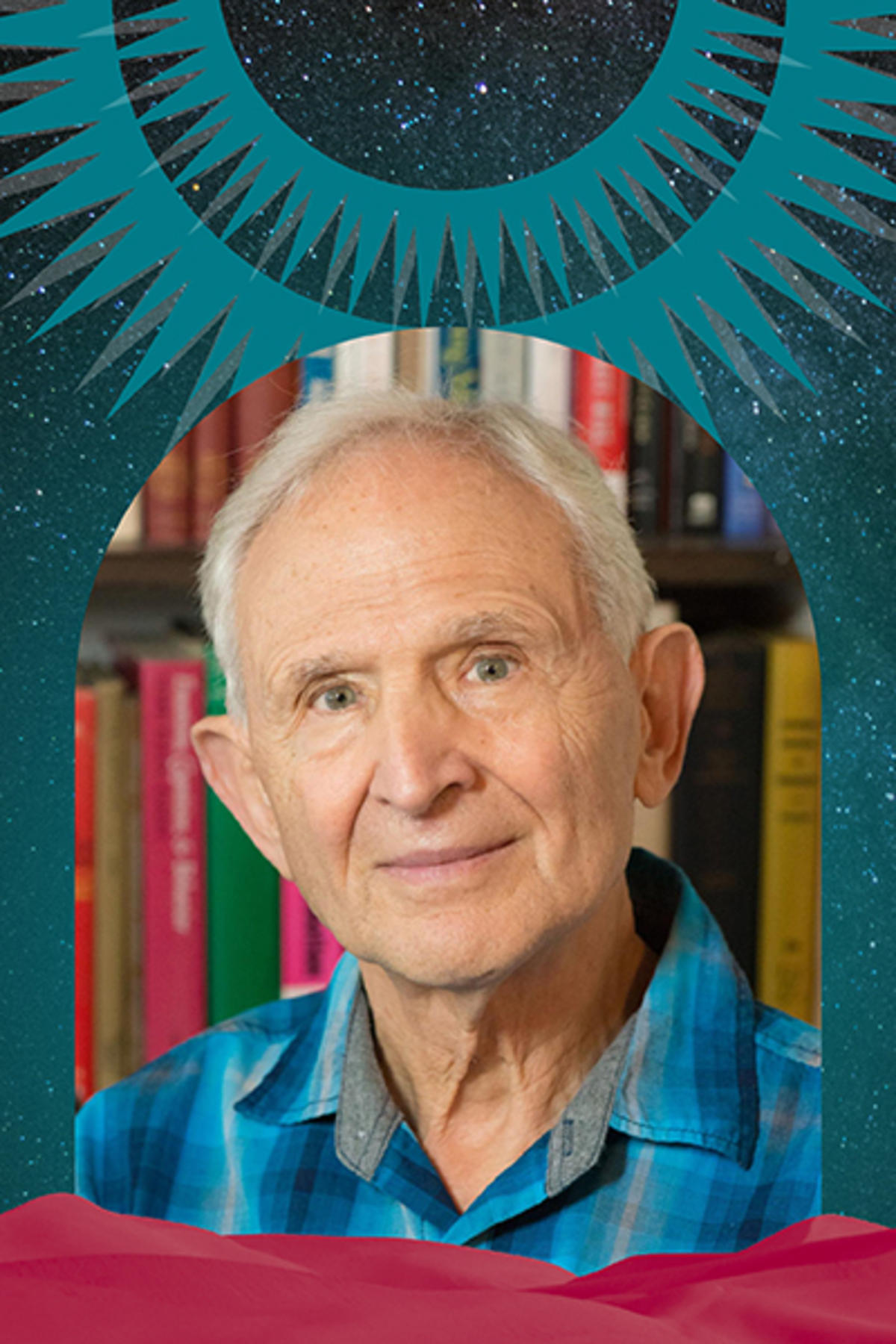 Peter Levine color portrait. Peter Levine is an older, white man posed in front of bookshelves lined with books. He is smiling and wearing a brightly-colored plaid button-down. Surrounding him is an illustration of red mountains, bright blue rings of the sun and his portrait is inside a portal-like door.