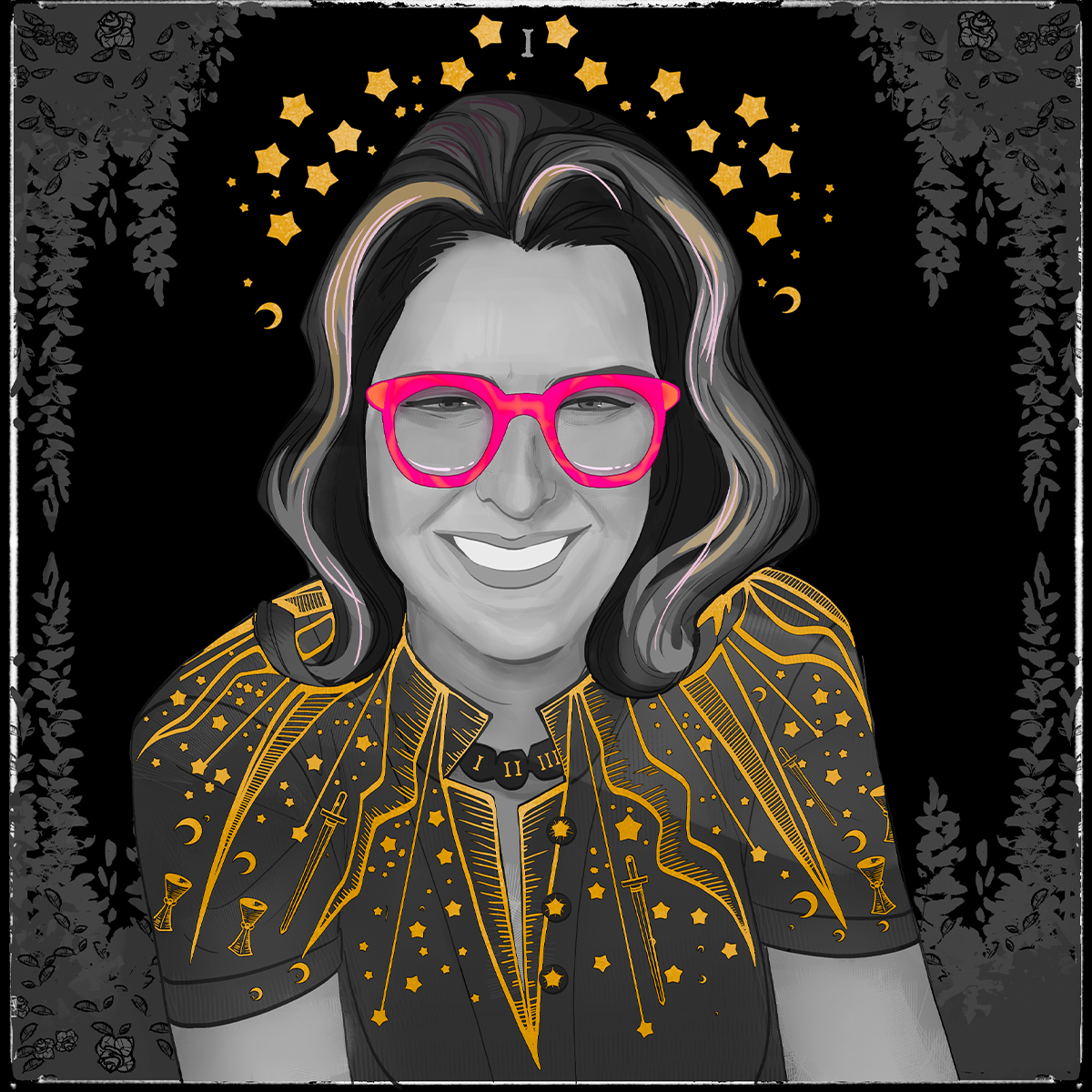 Rebecca Bloom portrait as an illustration/artwork. Rebecca is wearing neon pink glasses, has dark hair with lighter strands framing her smiling face. She is waring a dark-colored top with gold leaf designs around collar and shoulders. Stars frame the top of her head like a crown.