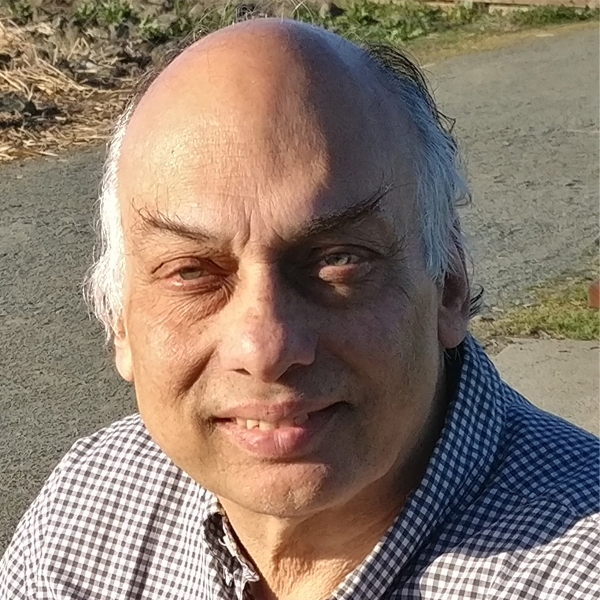 Debashish Banerji color portrait. He is smiling and posed outside.