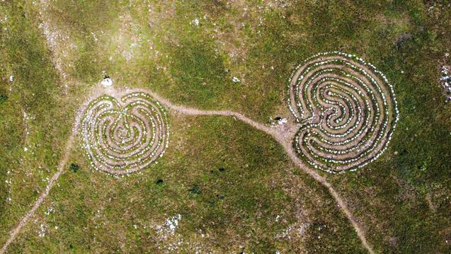 Top view of spiral labyrinth made of stones