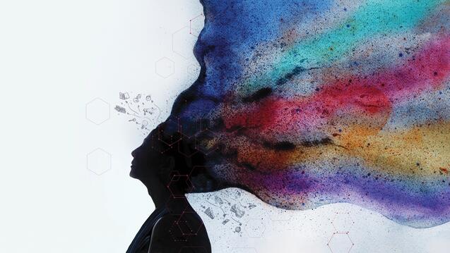 A silhouette of a person's head in profile with vibrant, abstract bursts of color emanating from the back of their head. 