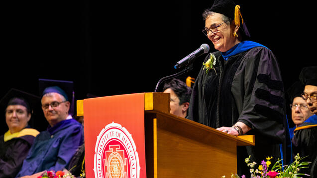 Professor Emerita Shoshana Simons gives the address to graduating students at CIIS' 57th Commencement.