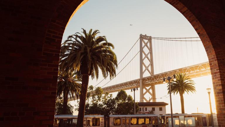 Photo of San Bay Bridge and palm trees framed within a brick arch. By Thom Milkovic on Unsplash.