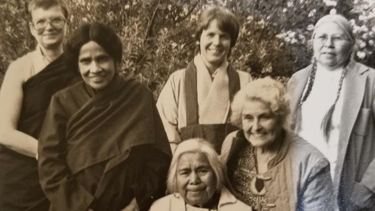 Rina Sircar standing with Buddhist nuns and Native Elders (sometime in the 1990's)