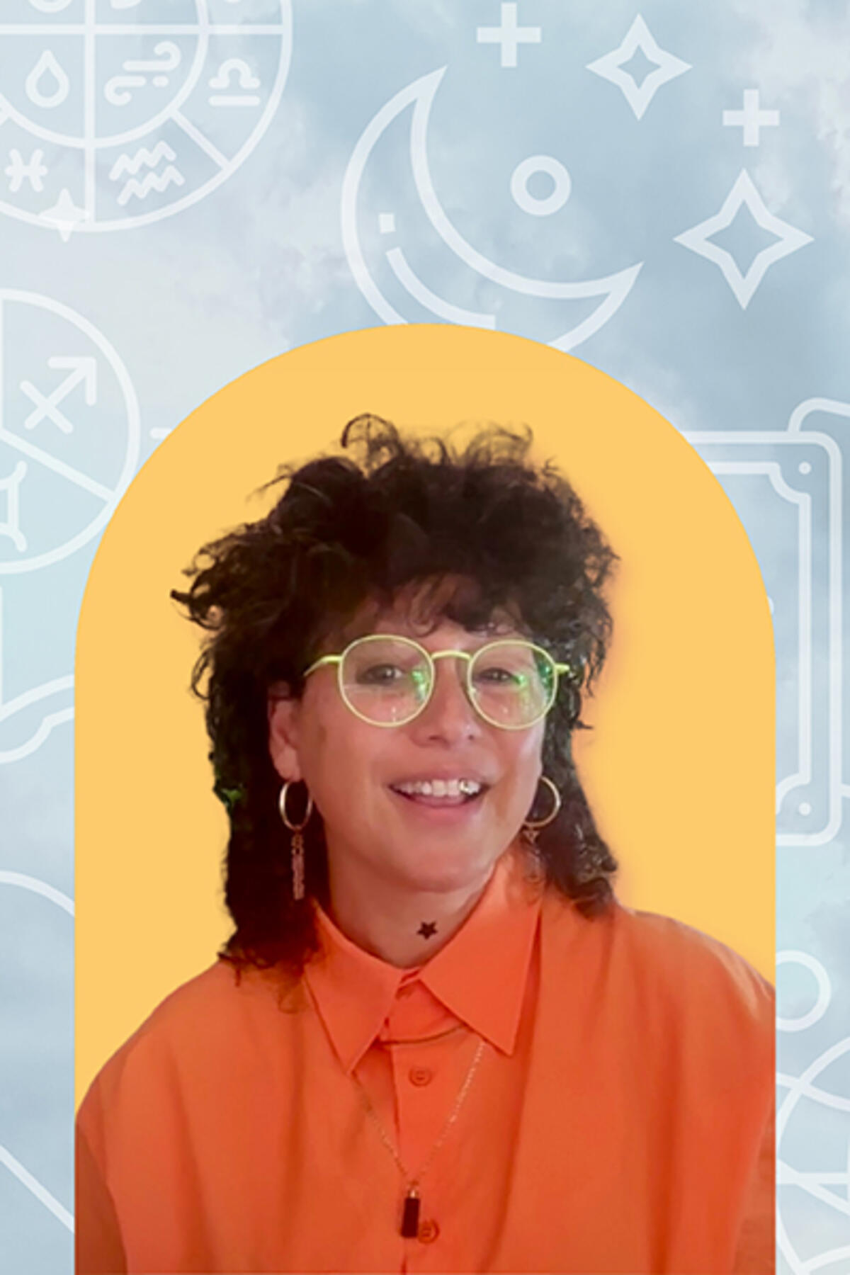 Jessica Lanyadoo color portrait. Jessica is wearing round light-colored glasses, a peach orange button-down, and has brown hair that is short in front and longer in the back, long, dangling earrings, and is smiling.