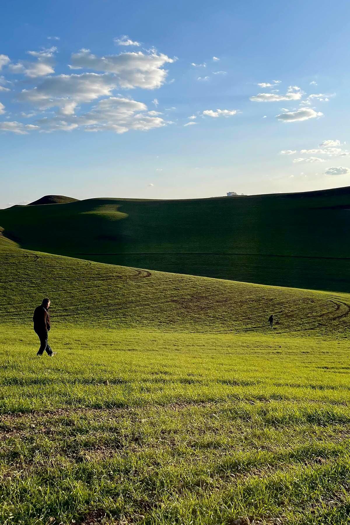 Man walking on grassy hills